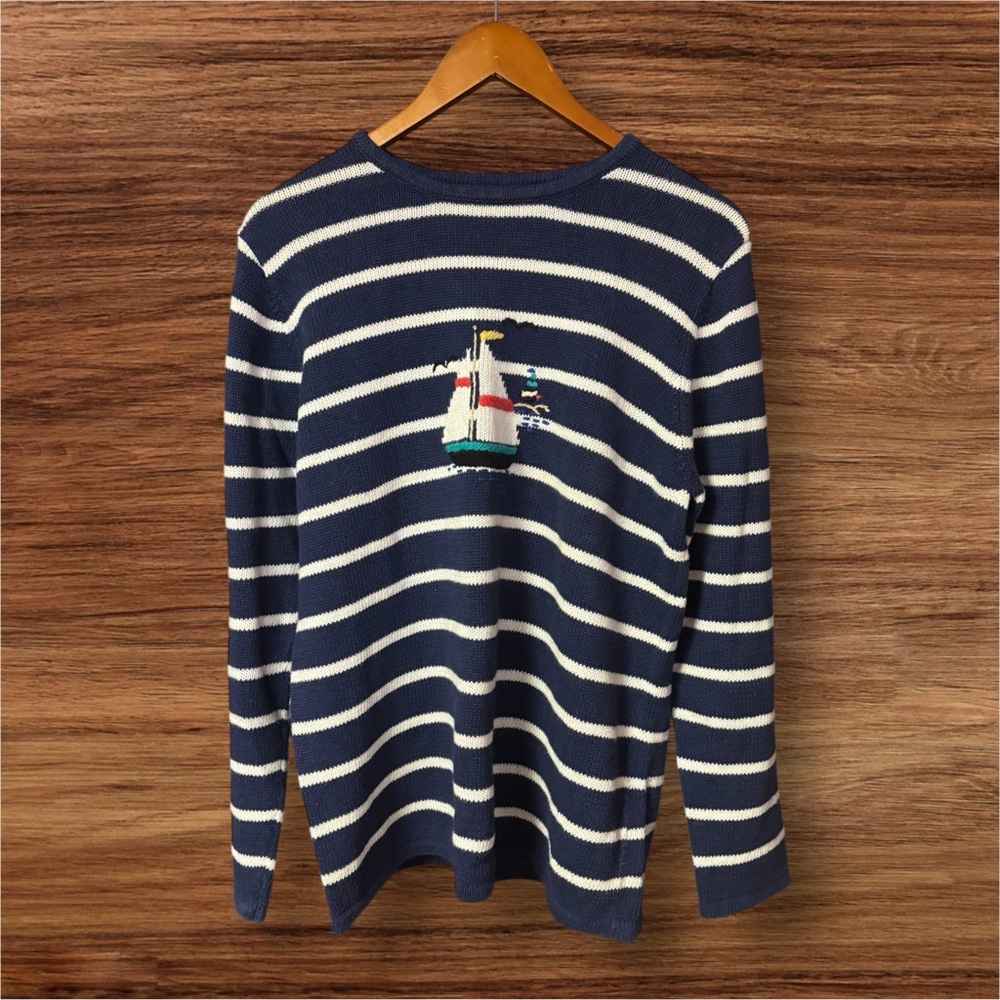 Vintage Sag Harbor Chunky Navy & White Striped Nautical Sailboat Sweater